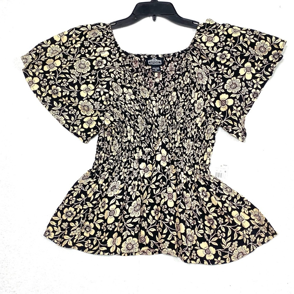 Angie Smocked Boho Top Womens M Floral Peasant Short Flutter Sleeve V Neck NWT